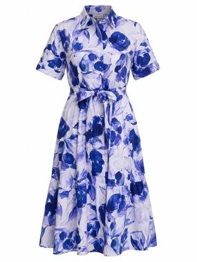 Calvin Klein 18W Blue Floral Shirt Dress with Pockets Belted Midi Dress Plus Siz